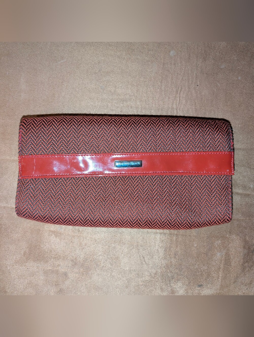 Red Herringbone Textured Clutch with Patent Trim